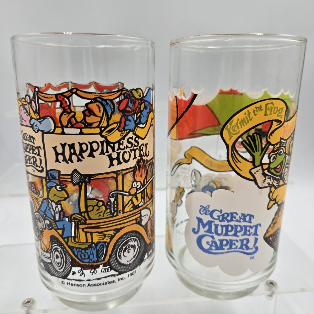 2 Vtg Great Muppets Caper Glass Tumbler Cup Kermit the Frog Fozzie McDonald's
